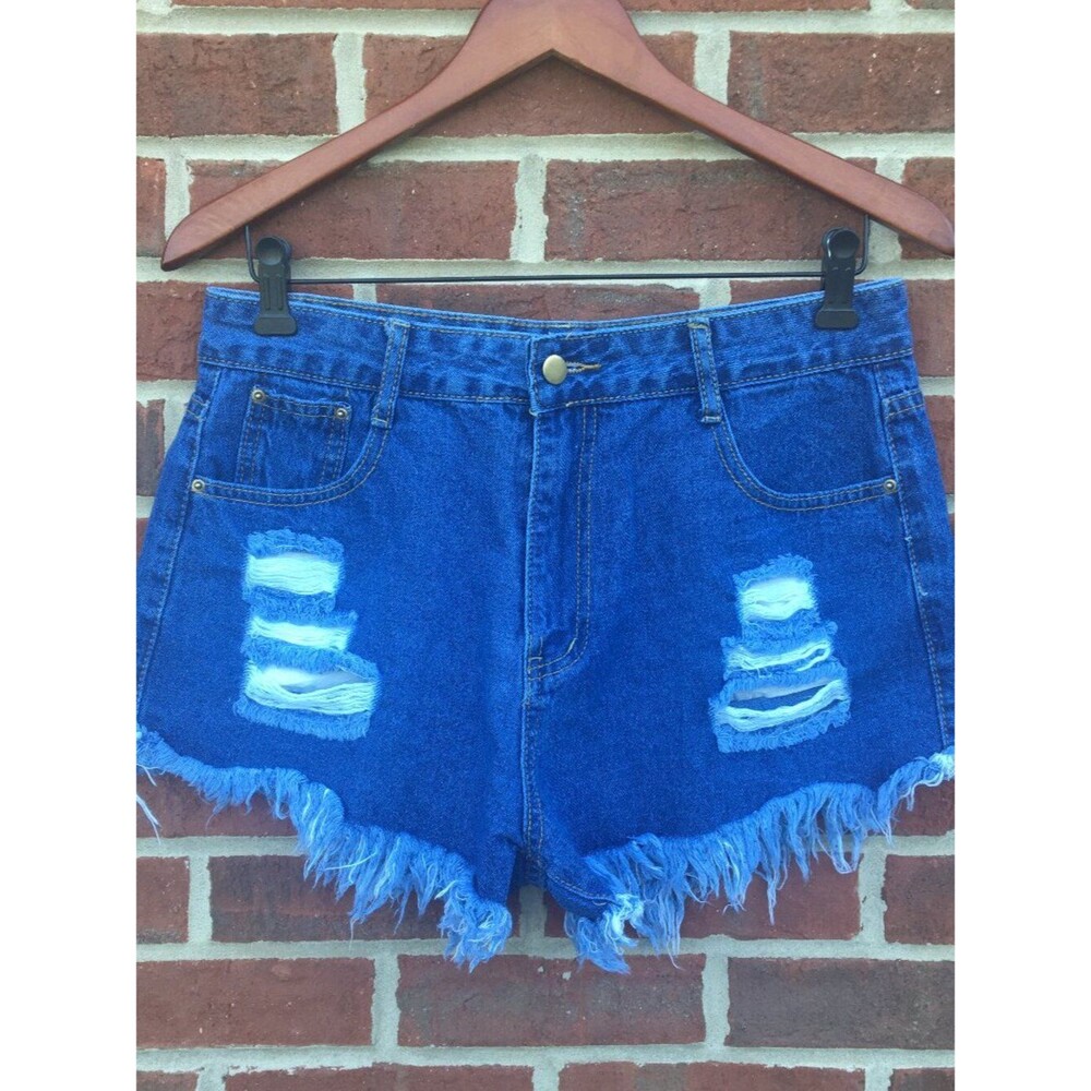 Distressed Denim Jean Shorts Large High Rise Raw Frayed Hem Festival Grunge
